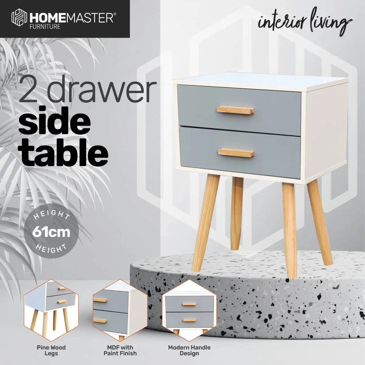 Home Master 2 Drawer Side Table Sleek Modern & Stylish Neutral Design 61cm Deals499