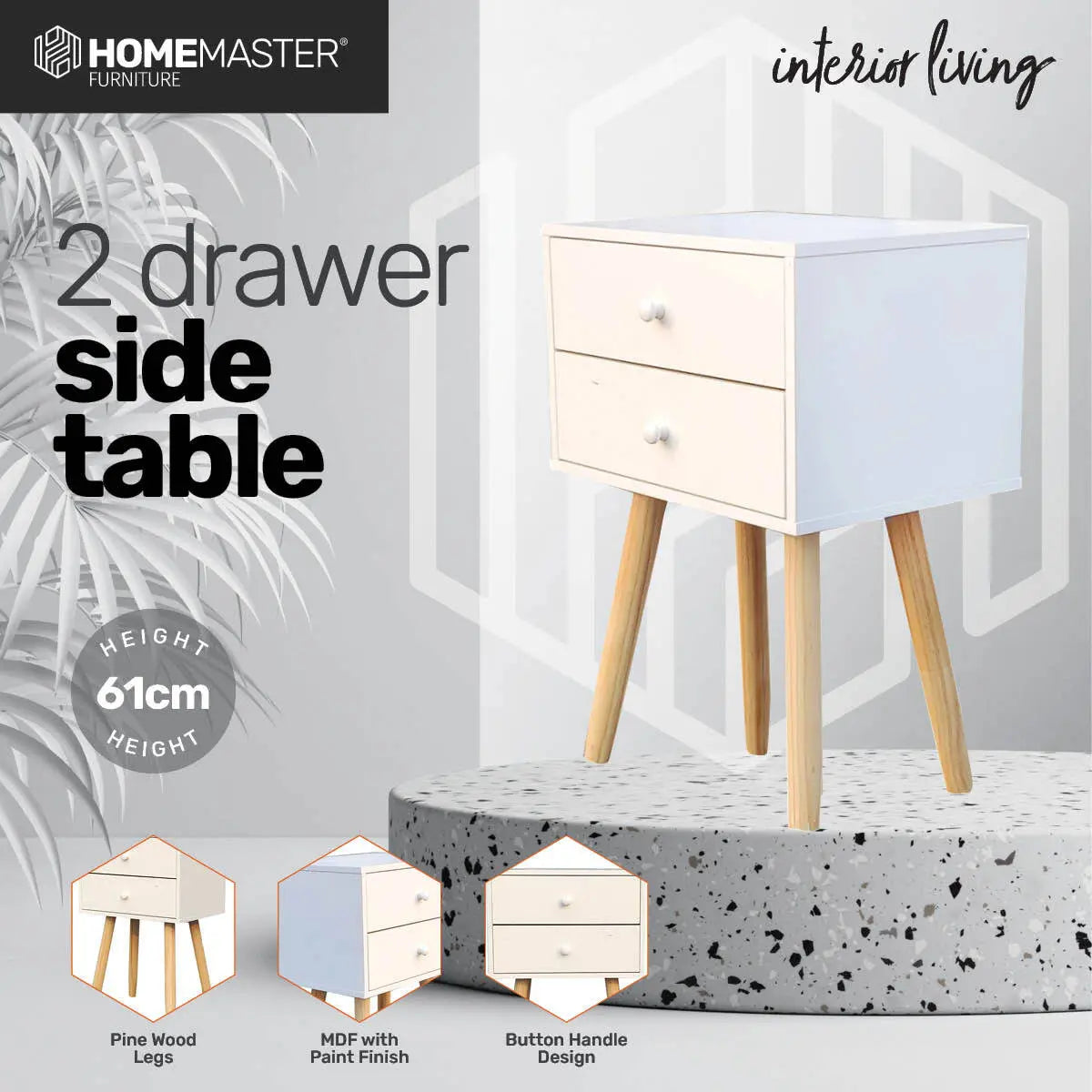 Home Master 2 Drawer Side Table Sleek Modern & Stylish Neutral Design 61cm Deals499