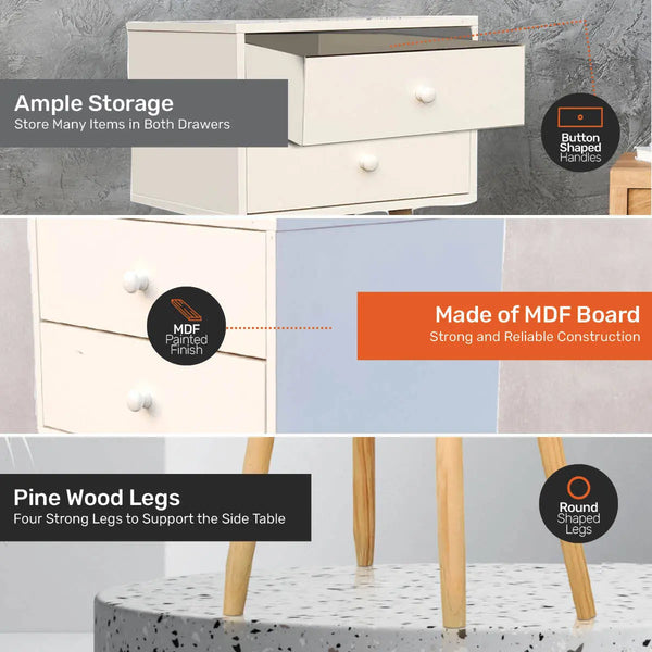 Home Master 2 Drawer Side Table Sleek Modern &amp; Stylish Neutral Design 61cm Deals499