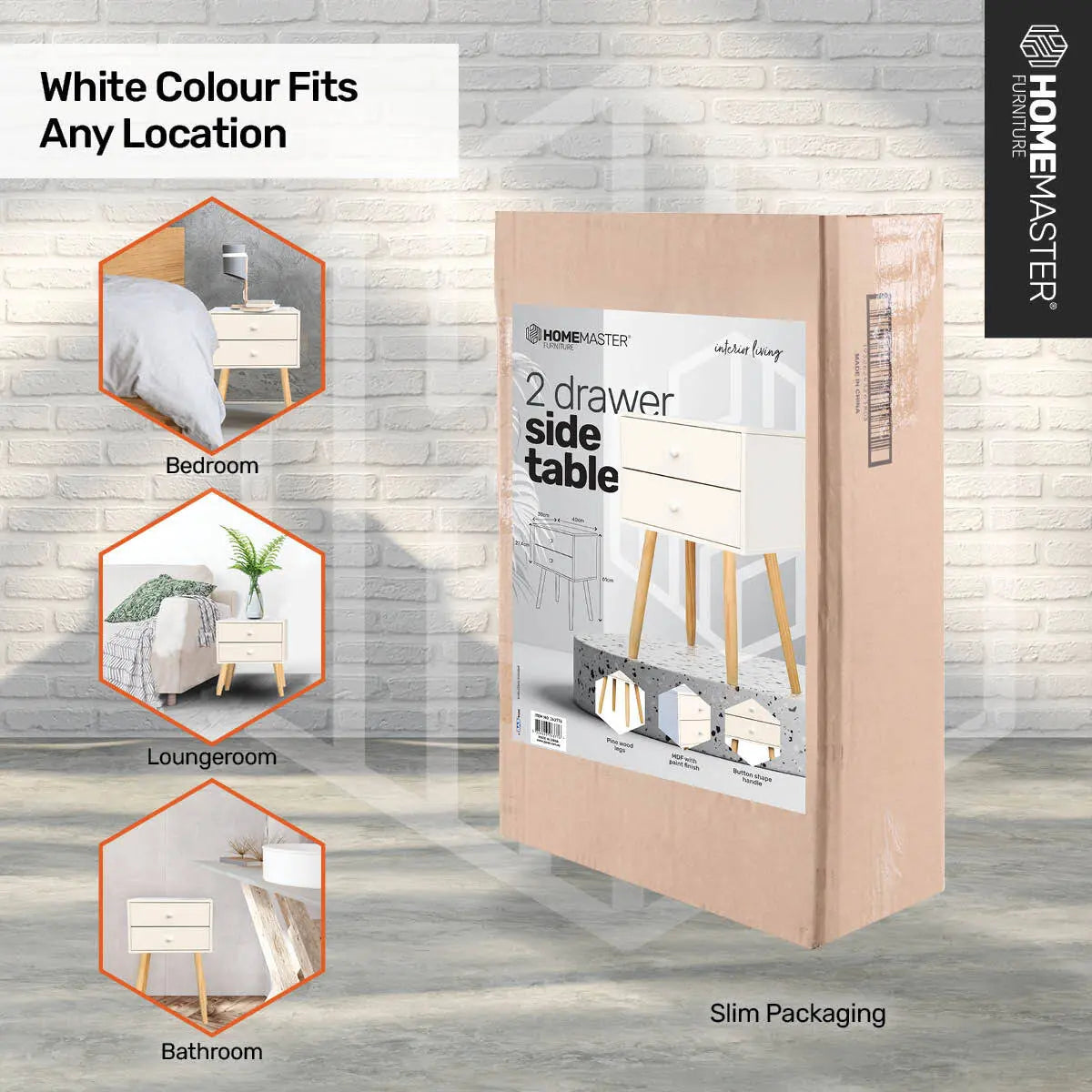 Home Master 2 Drawer Side Table Sleek Modern & Stylish Neutral Design 61cm Deals499