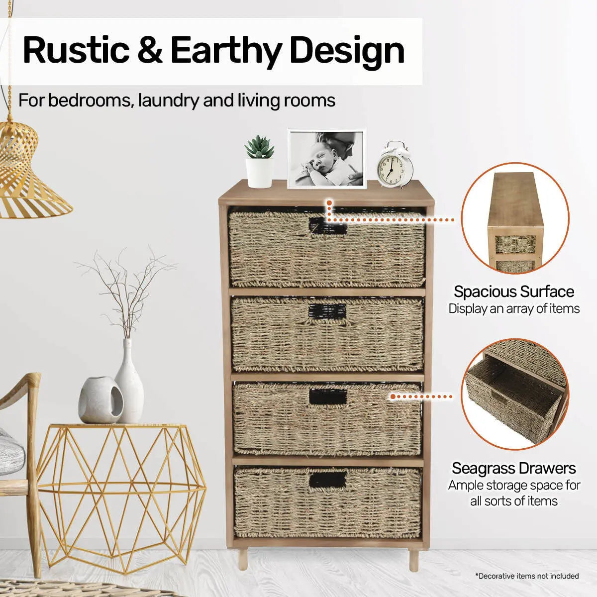 Home Master 4 Drawer Natural Seagrass Wooden Storage Chest Stylish 85cm Deals499