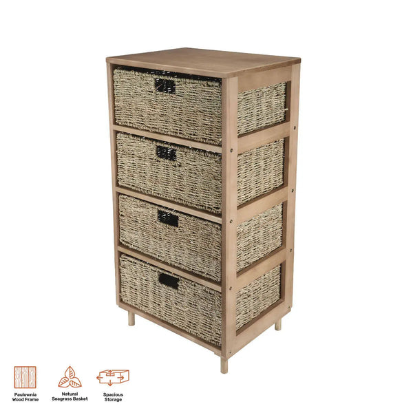 Home Master 4 Drawer Natural Seagrass Wooden Storage Chest Stylish 85cm Deals499