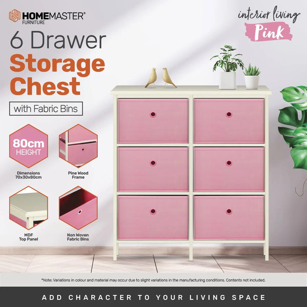Home Master 6 Drawer Pine Wood Storage Chest Pink Fabric Baskets 70 x 80cm Deals499