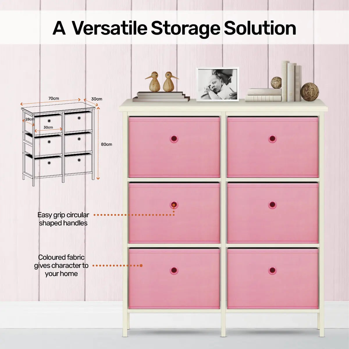 Home Master 6 Drawer Pine Wood Storage Chest Pink Fabric Baskets 70 x 80cm Deals499