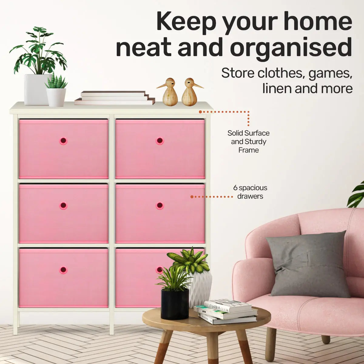 Home Master 6 Drawer Pine Wood Storage Chest Pink Fabric Baskets 70 x 80cm Deals499