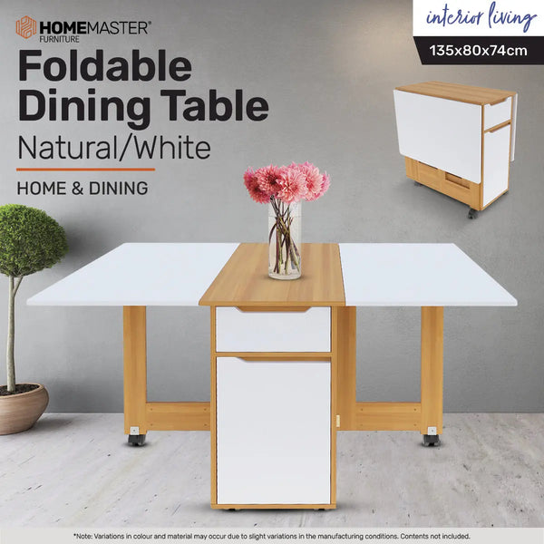 Home Master Folding Dining Table Lockable Wheels Various Fold Modes 135 x 74cm Deals499