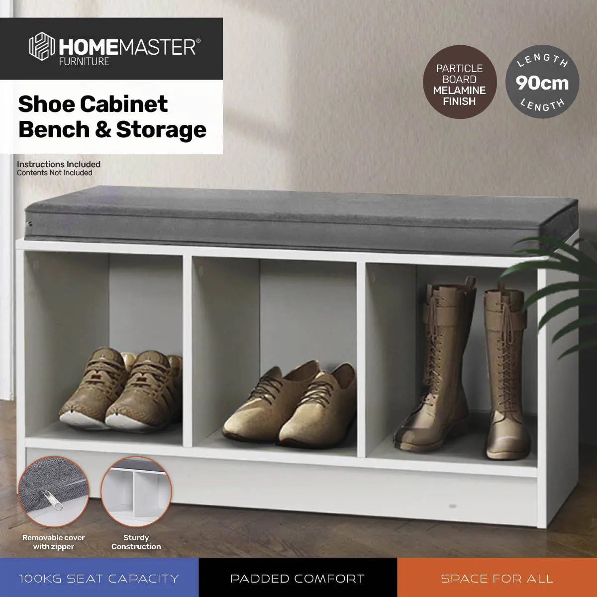 Home Master Storage/Shoe Bench With Padded Cushion Seating 90cm Deals499