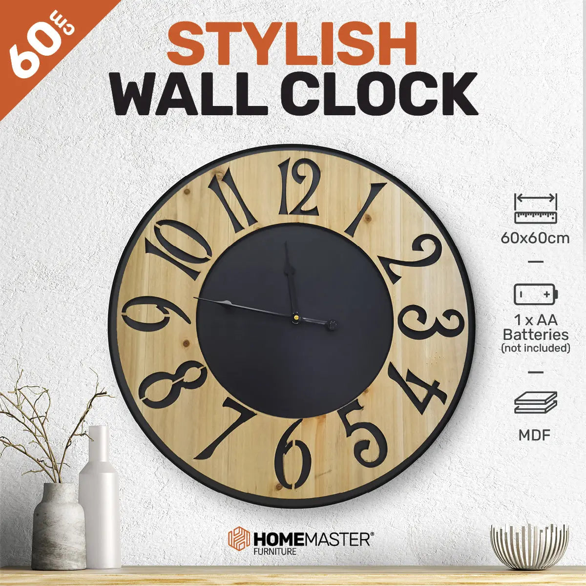 Home Master Wall Clock Wood & Metal Look Stylish Design Large Numbers 60cm Deals499