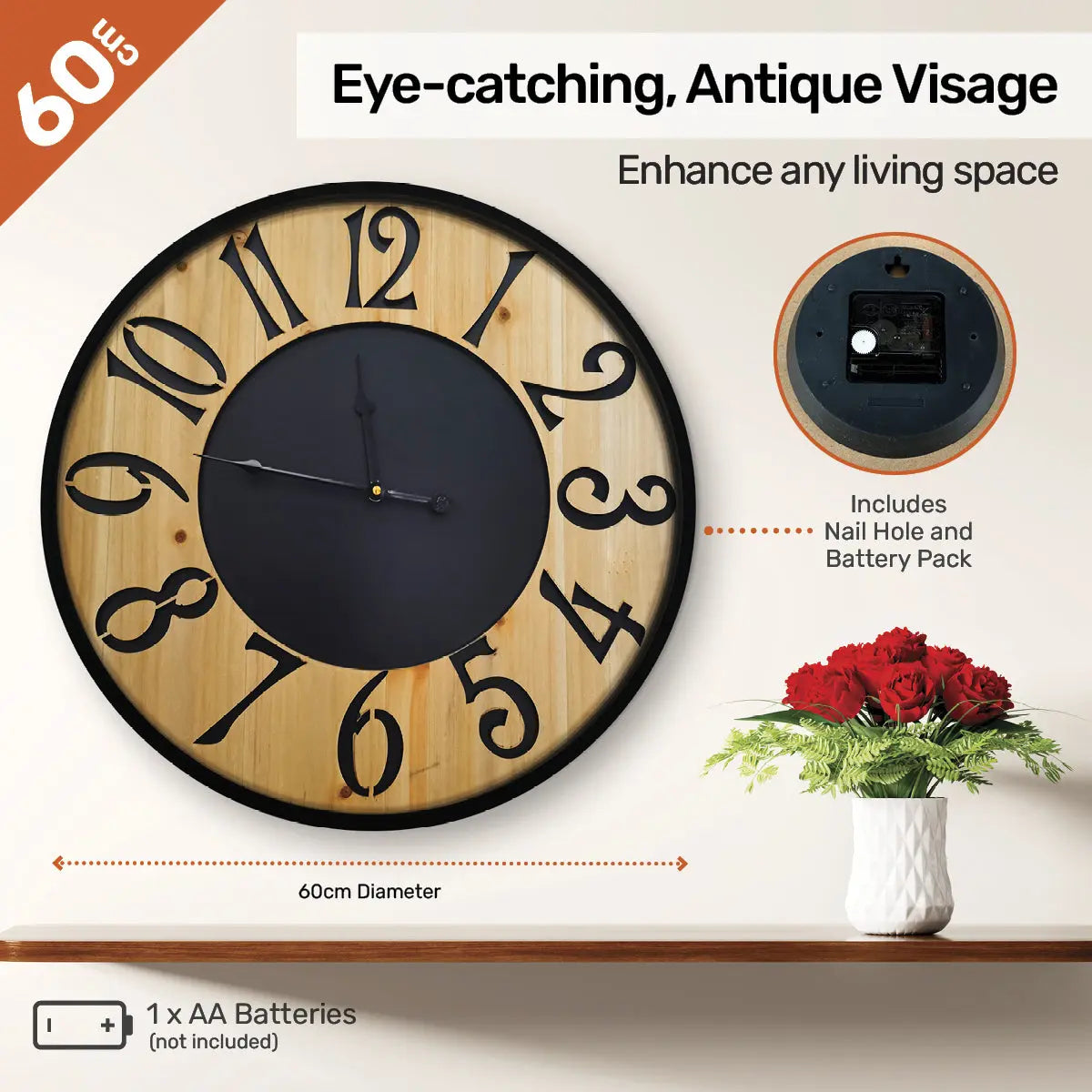 Home Master Wall Clock Wood & Metal Look Stylish Design Large Numbers 60cm Deals499