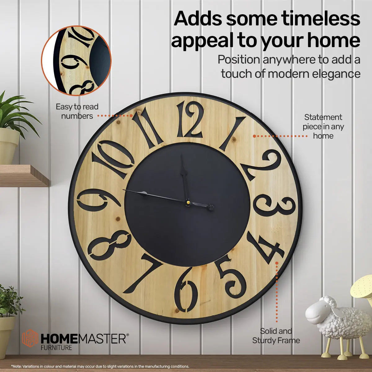 Home Master Wall Clock Wood & Metal Look Stylish Design Large Numbers 60cm Deals499
