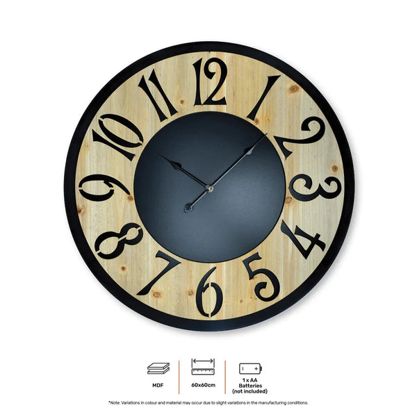 Home Master Wall Clock Wood &amp; Metal Look Stylish Design Large Numbers 60cm Deals499