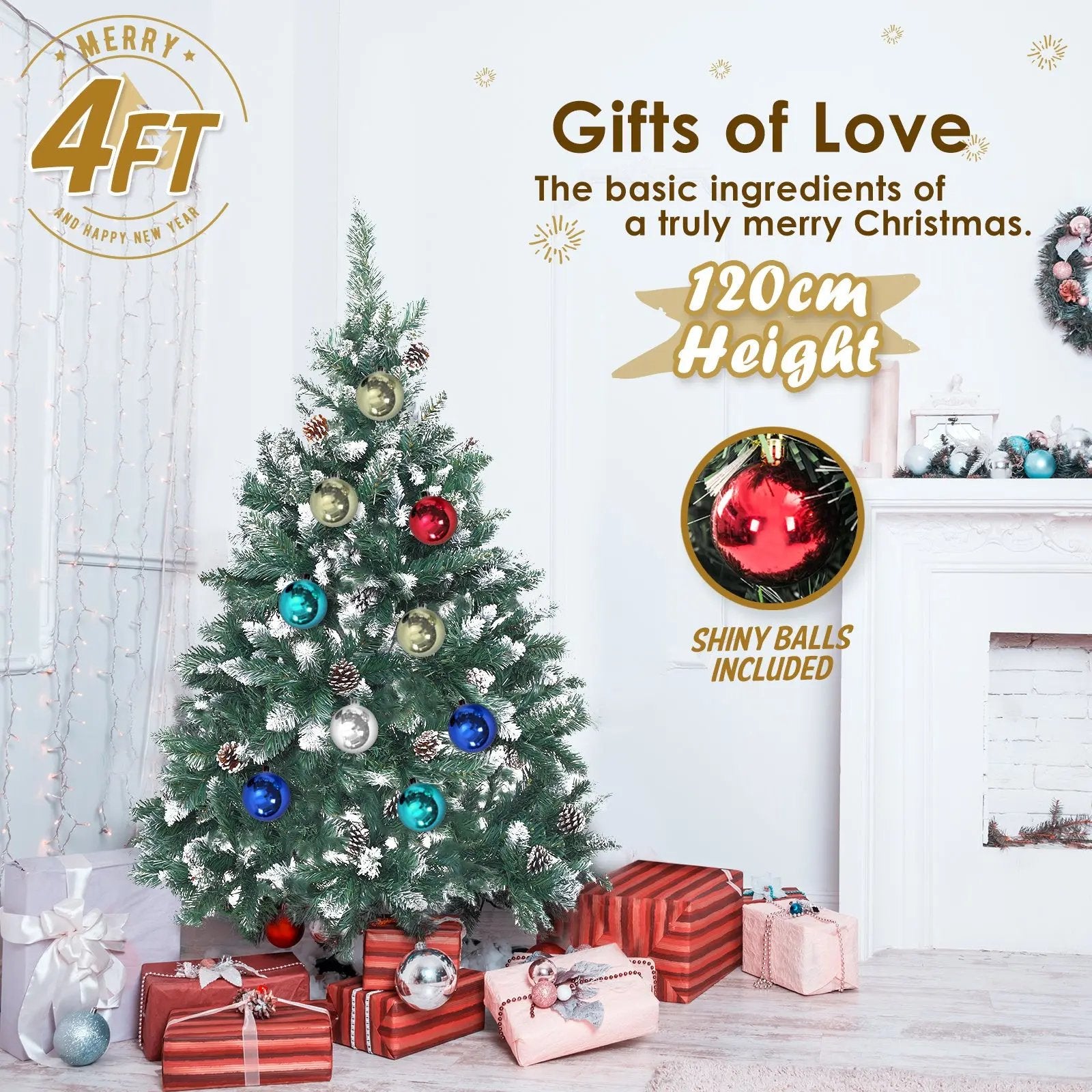 Home Ready 4Ft 120cm 390 tips Green Snowy Christmas Tree Xmas Pine Cones + Bauble Balls Deals499