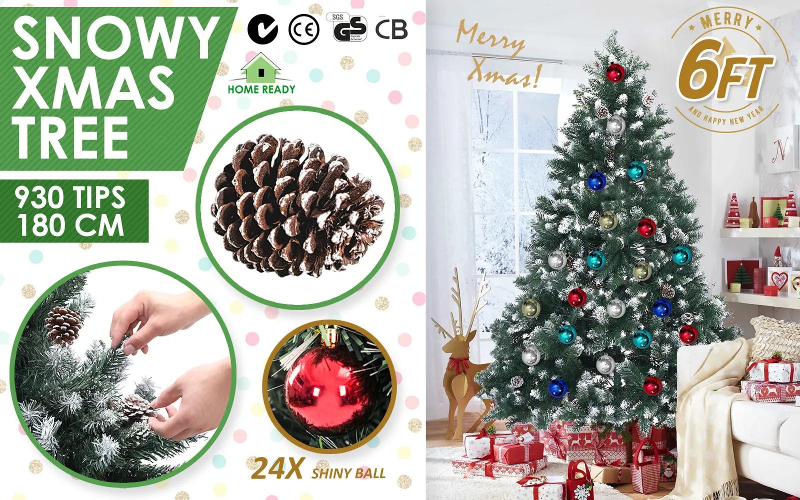 Home Ready 6Ft 180cm 930 tips Green Snowy Christmas Tree Xmas Pine Cones + Bauble Balls Deals499