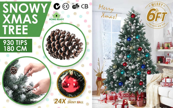 Home Ready 6Ft 180cm 930 tips Green Snowy Christmas Tree Xmas Pine Cones + Bauble Balls Deals499