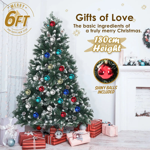 Home Ready 6Ft 180cm 930 tips Green Snowy Christmas Tree Xmas Pine Cones + Bauble Balls Deals499
