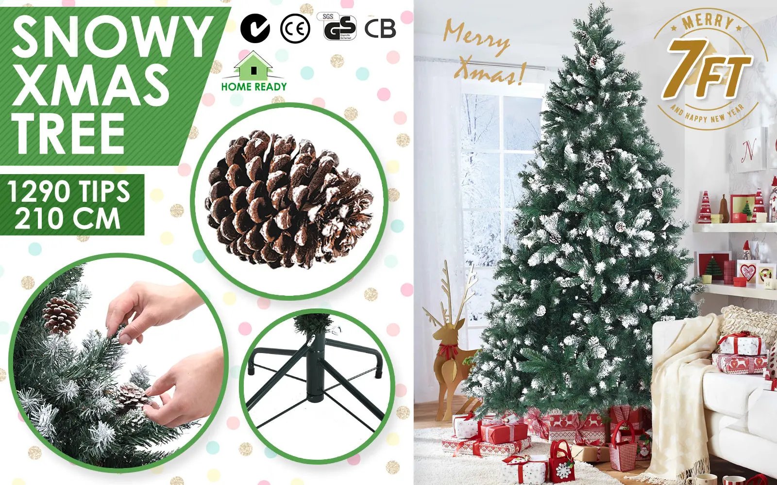 Home Ready 7Ft 210cm 1290 tips Green Snowy Christmas Tree Xmas Pine Cones Deals499