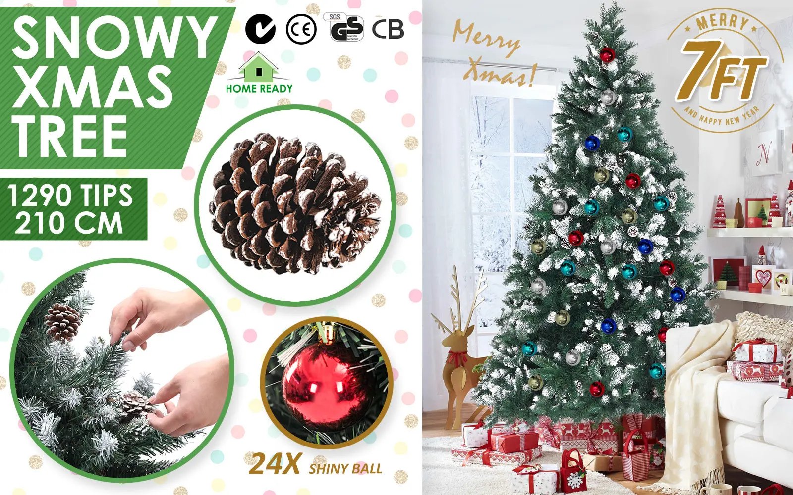 Home Ready 7Ft 210cm 1290 tips Green Snowy Christmas Tree Xmas Pine Cones  + Bauble Balls Deals499