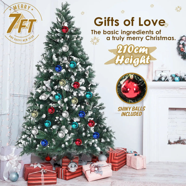 Home Ready 7Ft 210cm 1290 tips Green Snowy Christmas Tree Xmas Pine Cones  + Bauble Balls Deals499