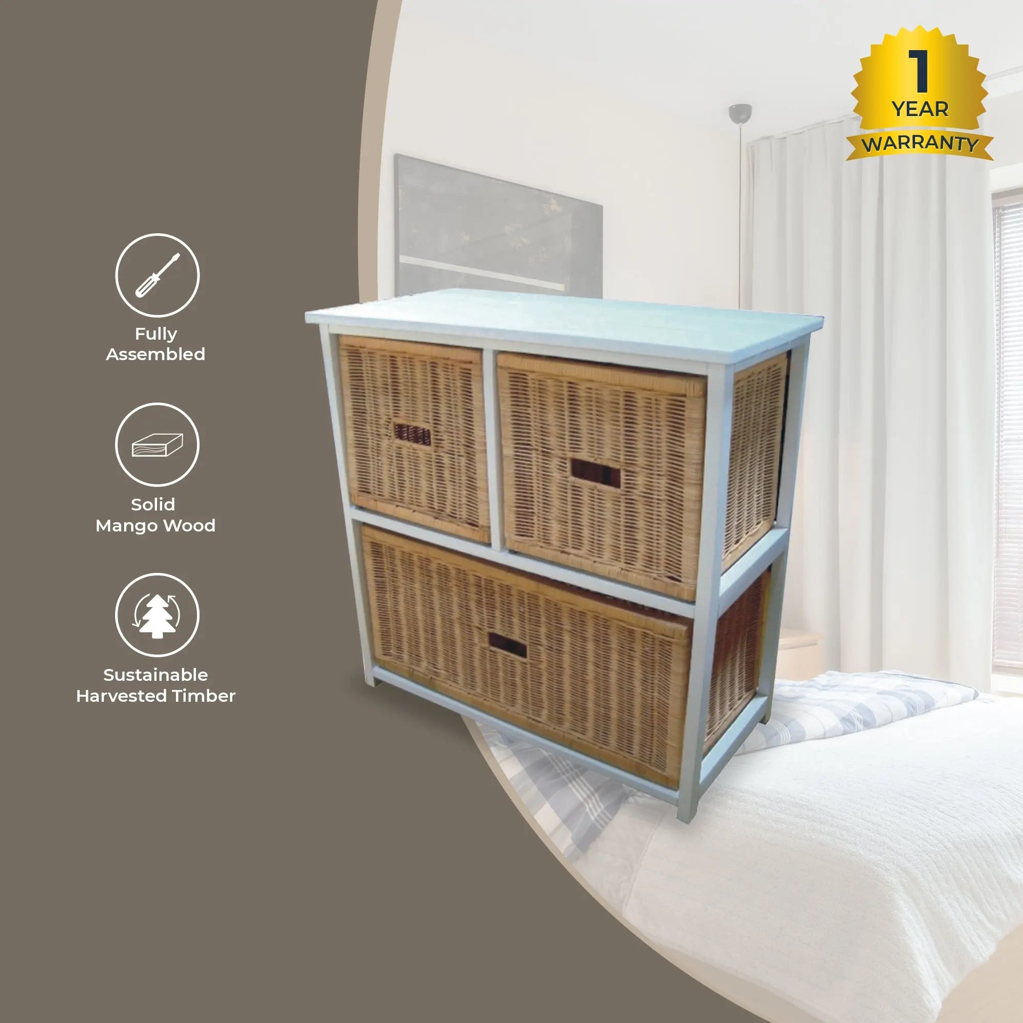 Hyssop 3 Chest of Drawers Cane Bedroom Kitchen Bathroom Storage Tallboy Shelf Deals499