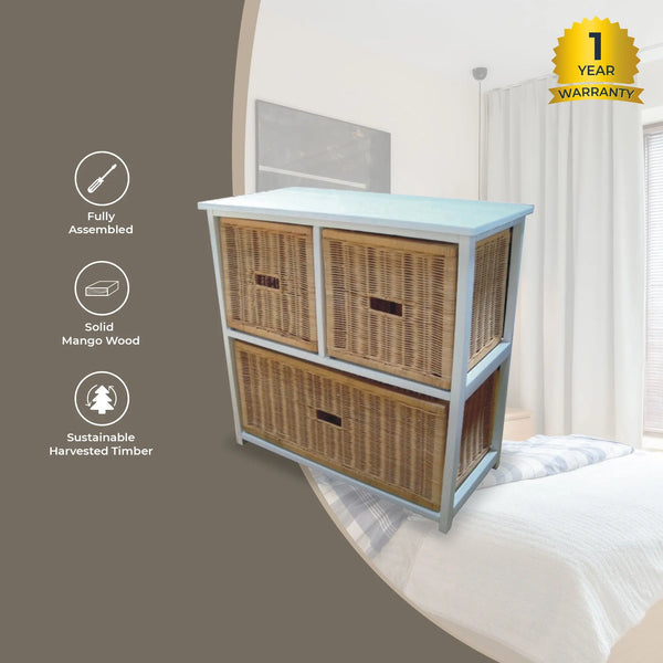 Hyssop 3 Chest of Drawers Cane Bedroom Kitchen Bathroom Storage Tallboy Shelf Deals499