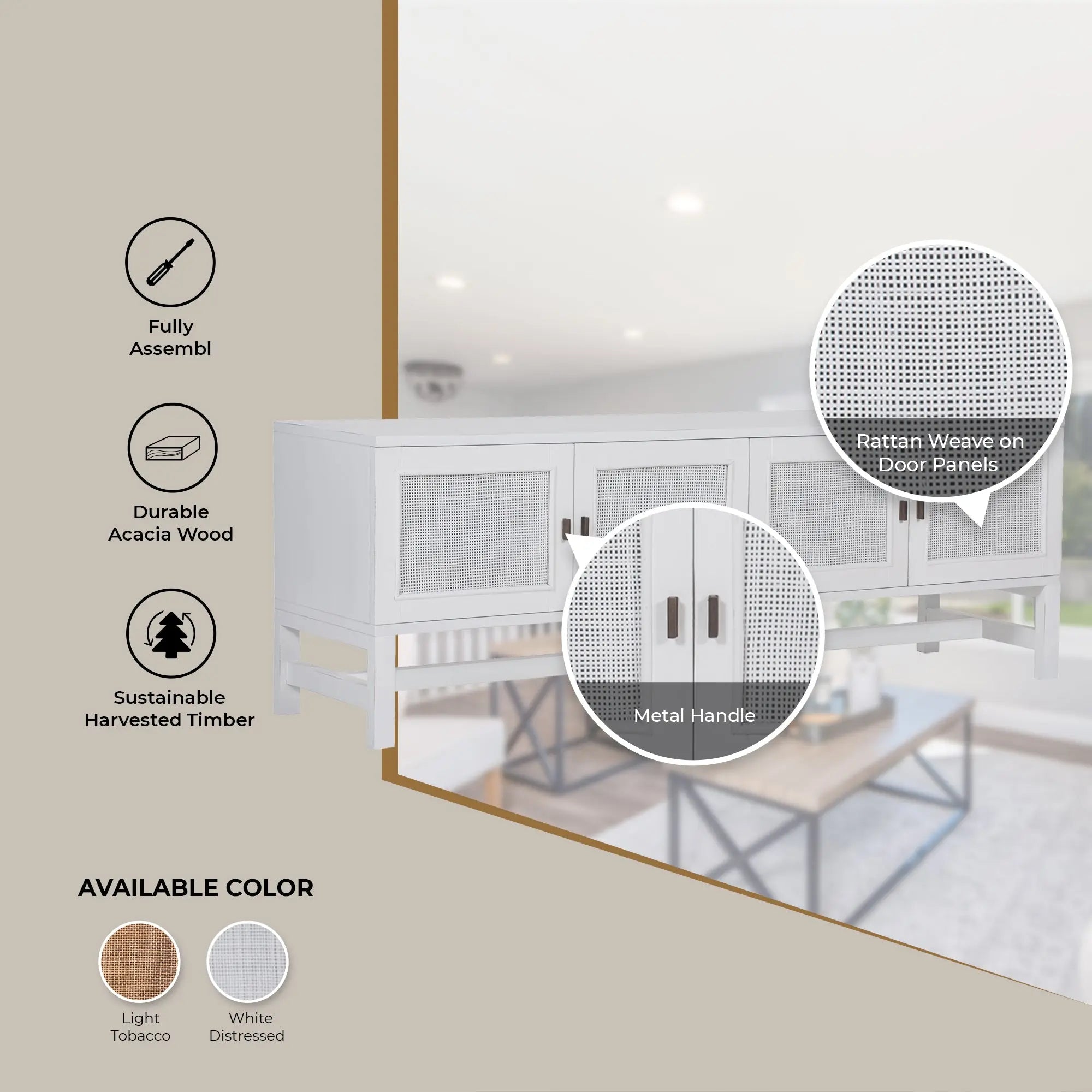 Jasmine ETU Entertainment TV Unit 160cm 4 Door Mindi Wood Rattan - White Deals499