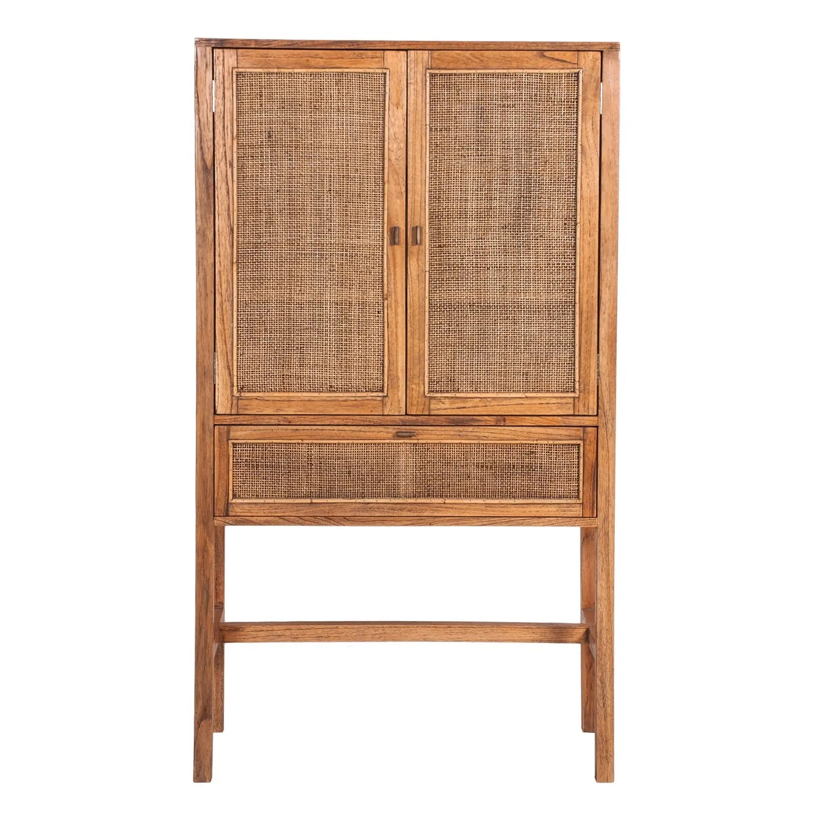 Jasmine Tall Storage Cabinet 90cm 2 Door 1 Drawer Mindi Wood Rattan - Brown Deals499