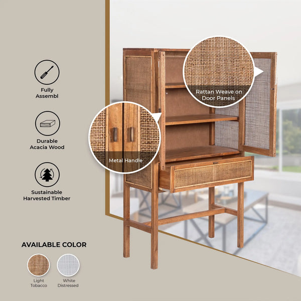 Jasmine Tall Storage Cabinet 90cm 2 Door 1 Drawer Mindi Wood Rattan - Brown Deals499
