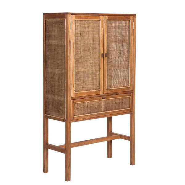 Jasmine Tall Storage Cabinet 90cm 2 Door 1 Drawer Mindi Wood Rattan - Brown Deals499