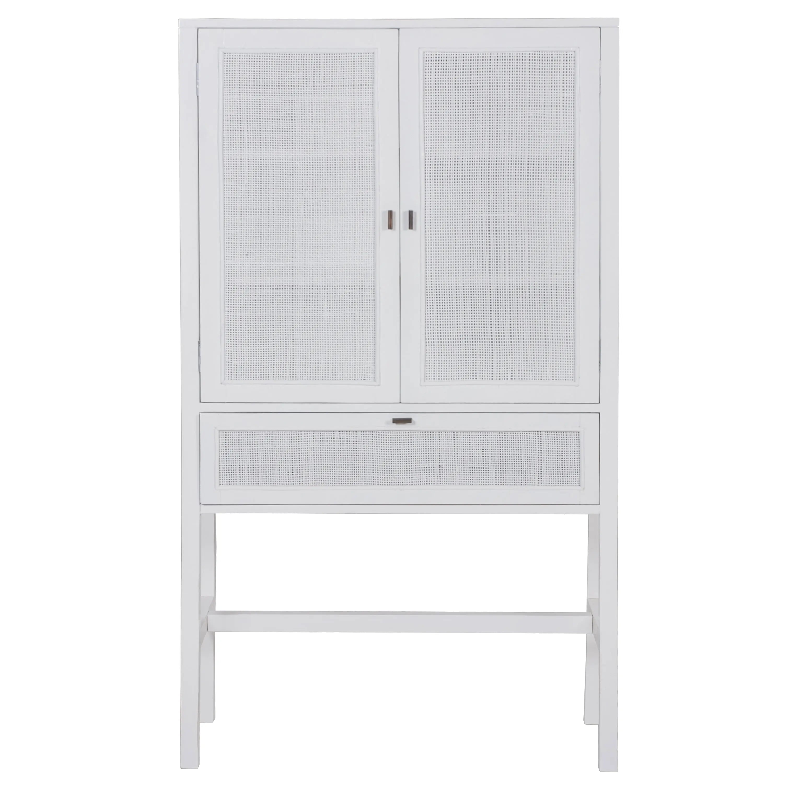 Jasmine Tall Storage Cabinet 90cm 2 Door 1 Drawer Mindi Wood Rattan - White Deals499