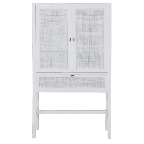 Jasmine Tall Storage Cabinet 90cm 2 Door 1 Drawer Mindi Wood Rattan - White Deals499