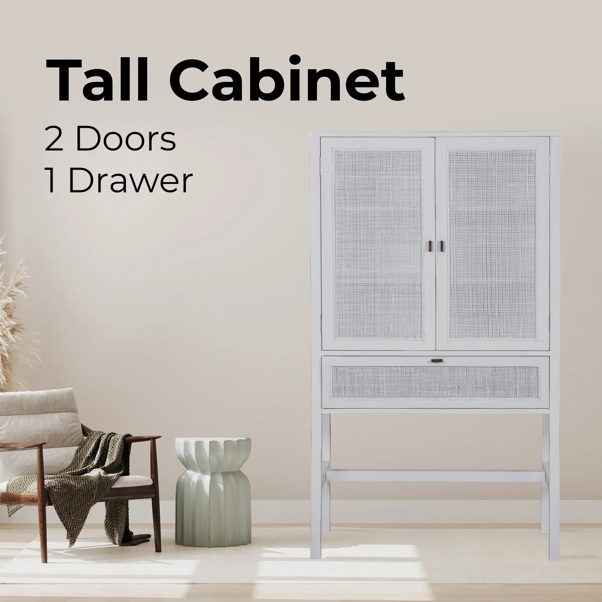 Jasmine Tall Storage Cabinet 90cm 2 Door 1 Drawer Mindi Wood Rattan - White Deals499
