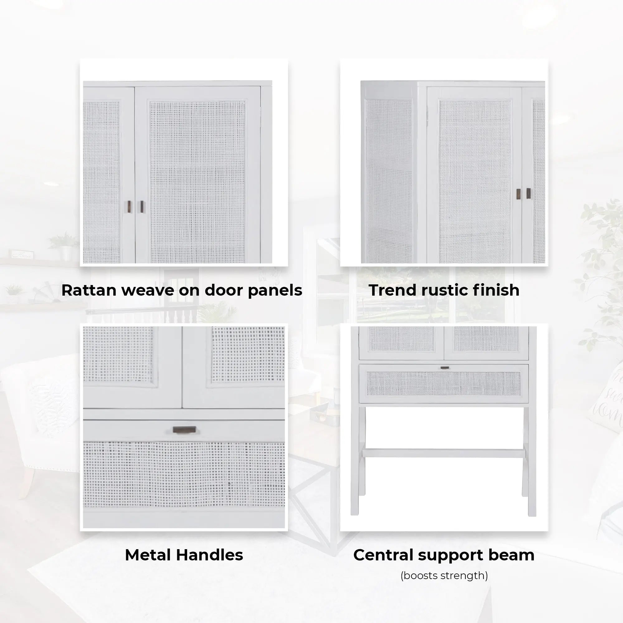 Jasmine Tall Storage Cabinet 90cm 2 Door 1 Drawer Mindi Wood Rattan - White Deals499