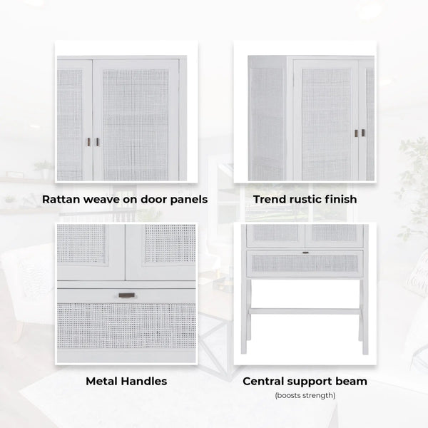 Jasmine Tall Storage Cabinet 90cm 2 Door 1 Drawer Mindi Wood Rattan - White Deals499