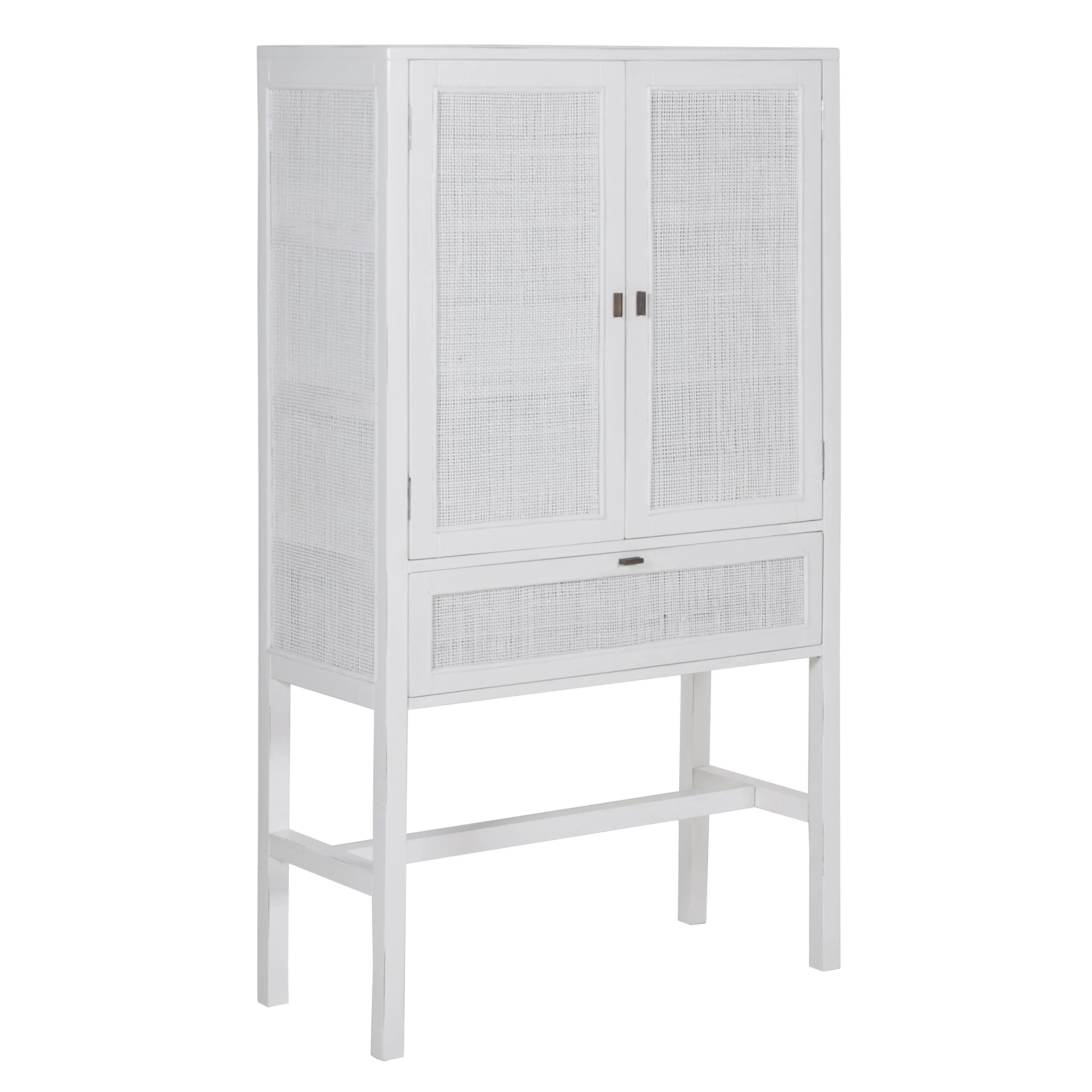 Jasmine Tall Storage Cabinet 90cm 2 Door 1 Drawer Mindi Wood Rattan - White Deals499