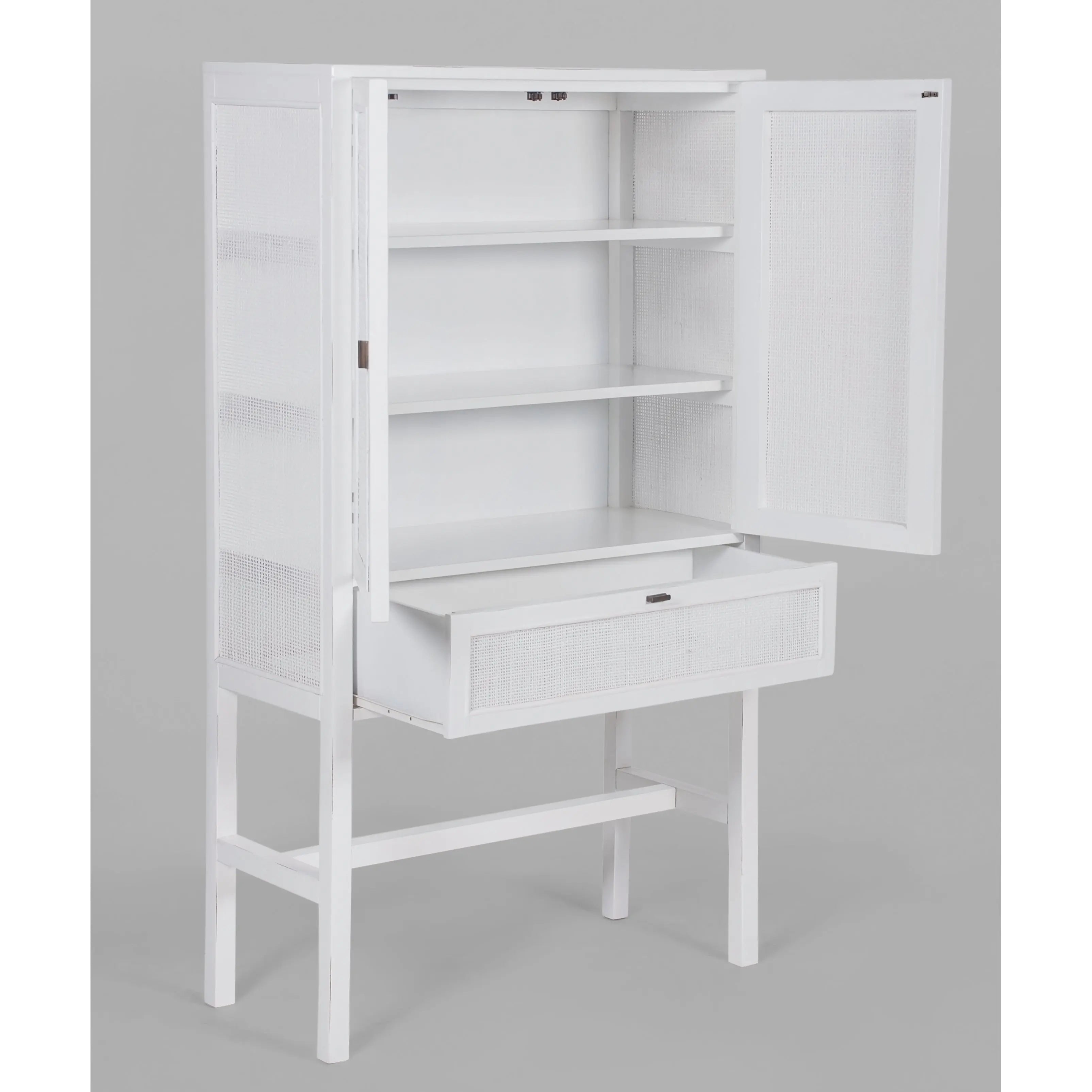 Jasmine Tall Storage Cabinet 90cm 2 Door 1 Drawer Mindi Wood Rattan - White Deals499