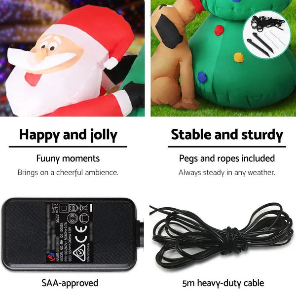 Jingle Jollys 1.8M Christmas Inflatable Santa on Tree Lights Xmas Decor Airblown Deals499