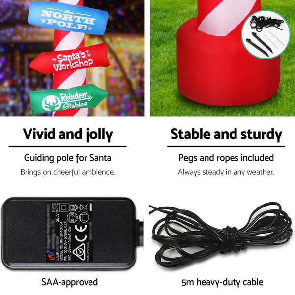 Jingle Jollys 2.4M Christmas Inflatable Santa Guide Candy Pole Xmas Decor LED Deals499