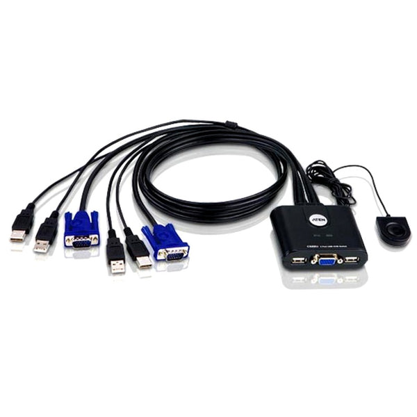 Aten Petite 2 Port USB VGA KVM Switch with Remote Port Selector - 0.9m Cables Built In ATEN