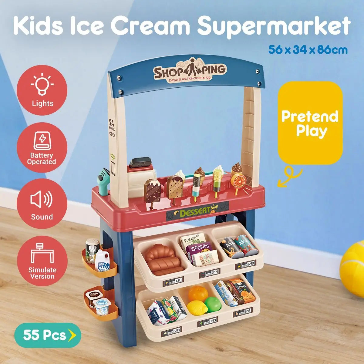 Kids Supermarket Ice Cream Cart Shop Dessert Food Pretend Role Play Set Toy Gift Red Deals499