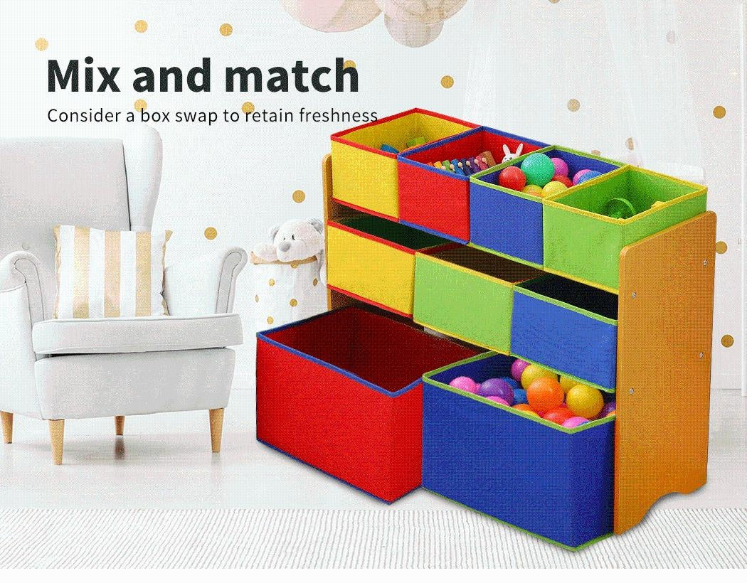 Levede Kids Toy Box 9 Bins Storage Rack Organiser Cabinet Wooden Bookcase 3 Tier Deals499