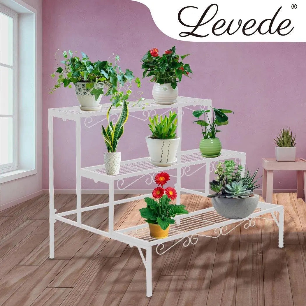 Levede Plant Stands Outdoor Indoor Metal White Flower Pot 3 Garden Corner Shelf Deals499
