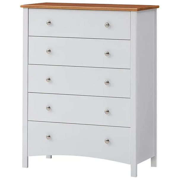 Lobelia Tallboy 5 Chest of Drawers Solid Rubber Wood Bed Storage Cabinet - White Deals499