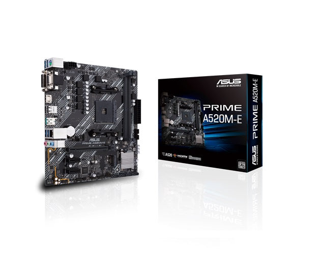 ASUS PRIME A520M-E micro ATX motherboard with M.2 support, 1 Gb Ethernet, HDMI/DVI/D-Sub, SATA 6 Gbps, USB 3.2 Gen 2 Type-A ASUS