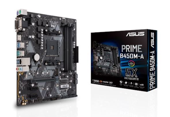 ASUS PRIME B450M-A AMD AM4 mATX MB, 4xDDR4, 3xPCIe, 4xSATA, 1xM.2, RAID, 6xUSB3, 1xHDMI, 1xDVI, 1xVGA ASUS