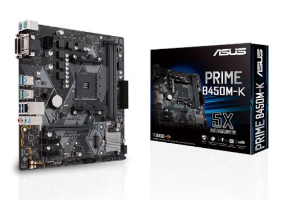 ASUS PRIME B450M-K AMD AM4 mATX MB With LED Lighting, DDR4 4400MHz, M.2, SATA 6Gbps, USB 3.1 Gen 2, DVI-D/D-Sub ASUS