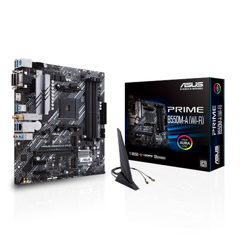 ASUS AMD B550 PRIME B550M-A (WI-FI) (Ryzen AM4) mATX MB, Dual M.2, PCIe 4.0, WiFi 6, 1Gb LAN, HDMI/D-Sub/DVI, SATA 6G, USB 3.2 Gen 2 A, Aura Sync ASUS