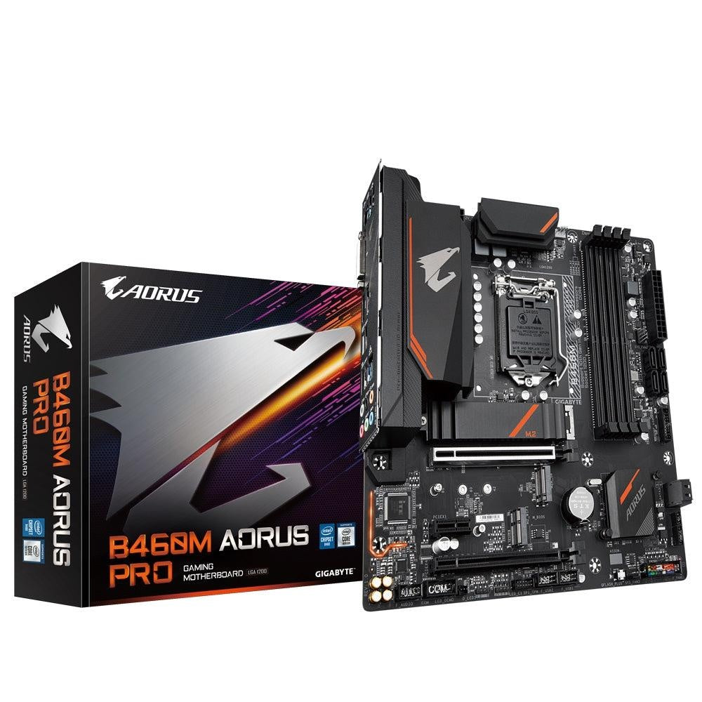 GIGABYTE B460M AORUS PRO mATX Motherboard 4xDDR4 10th Gen LGA1200 2xM.2 6xSATA RAID LAN (1000 Mbit/100 Mbit) 3xPCIE HDMI DP DVI-D USB-C RGB GIGABYTE