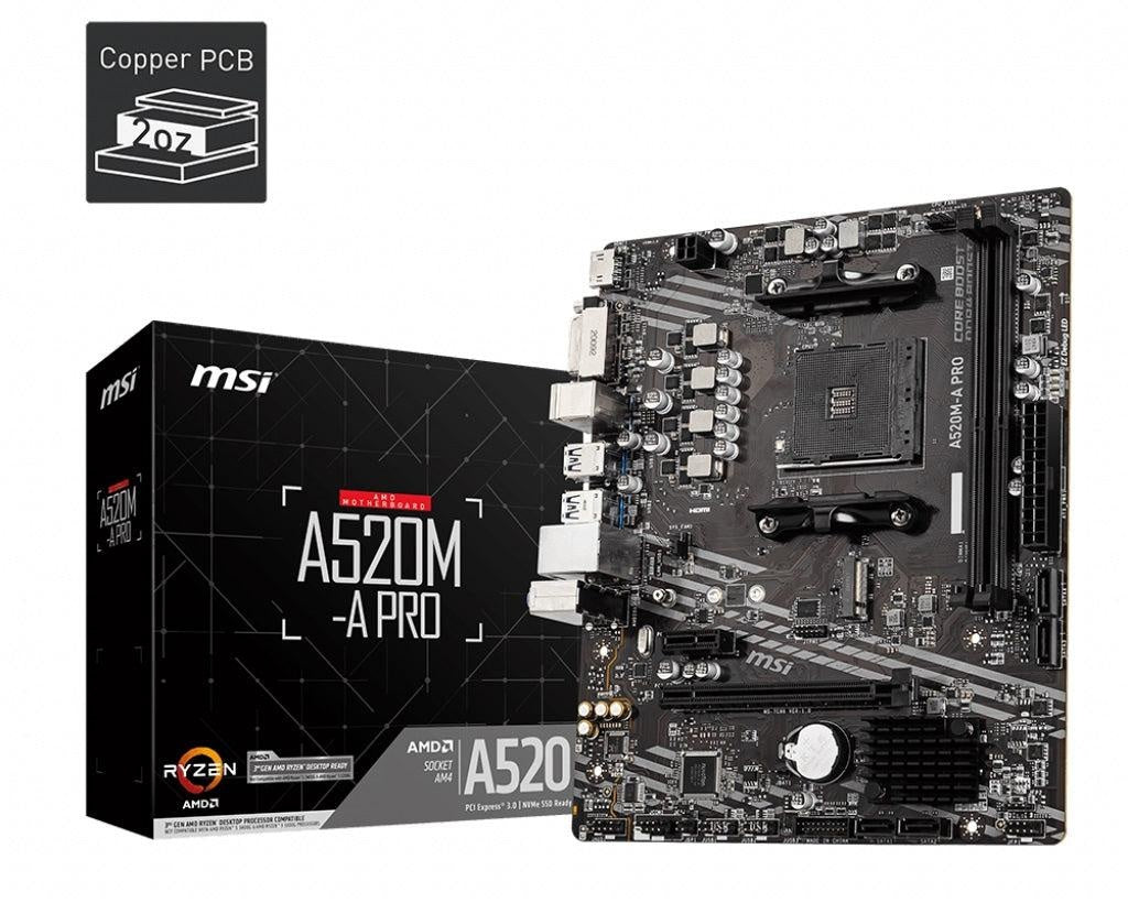 MSI A520M-A PRO AMD mATX Motherboard - AM4 Ryzen 2xDDR4 2xPCIE 1xM.2 1xDVI-D 1xHDMI 6xUSB 3.2 6xUSB2.0 MSI