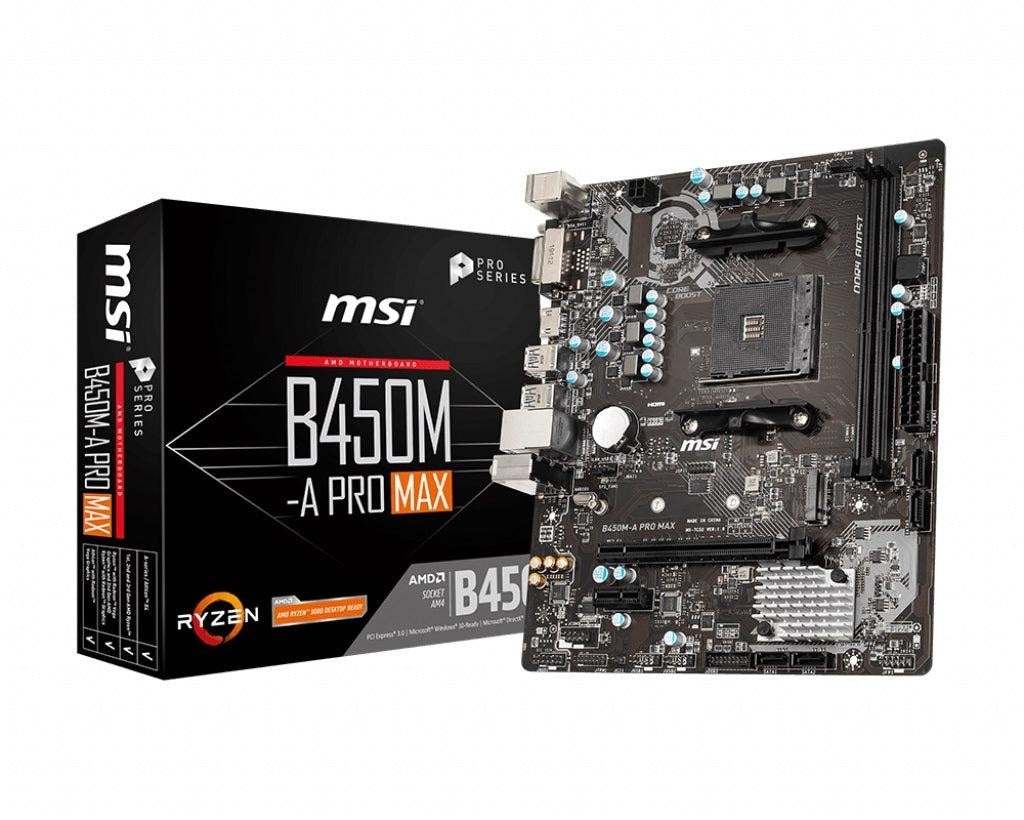 MSI B450M-A PRO MAX AMD M-ATX Motherboard - AM4 Ryzen, 2xDDR4, 4xSATAIII, M.2, 4xUSB3.2, 2xUSB2.0, 1xPCIE x16, DVI-D 1xHDMI MSI
