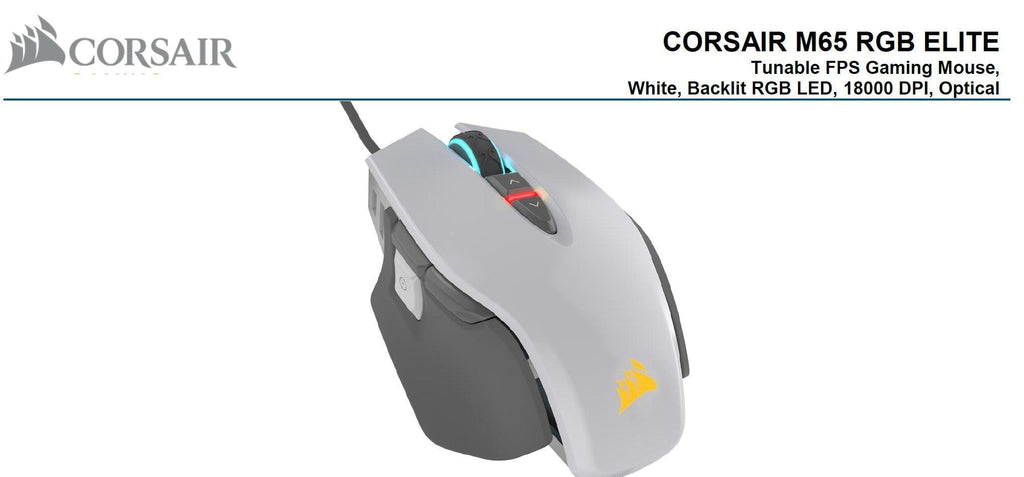 Corsair M65 RGB ELITE Tunable FPS Gaming Mouse White with Black, 18000 DPI, Optical, iCUE Software. CORSAIR